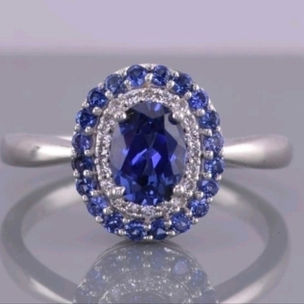 Michelle Albala Genuine Blue Sapphire Halo Ring Size 7